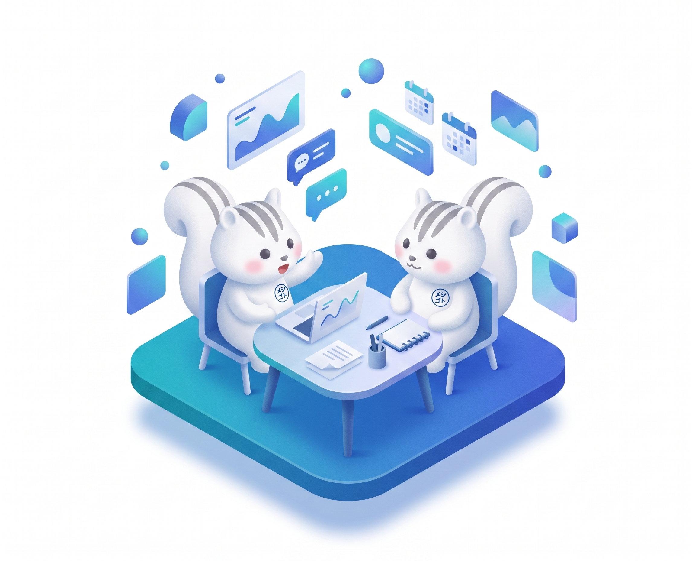メシゴトリス2匹がテーブルでレポートを見ながら議論するイラスト